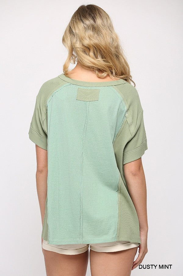 Ribbed And Solid Mixed Raw Edge Green Top Shirts & Tops jehouze