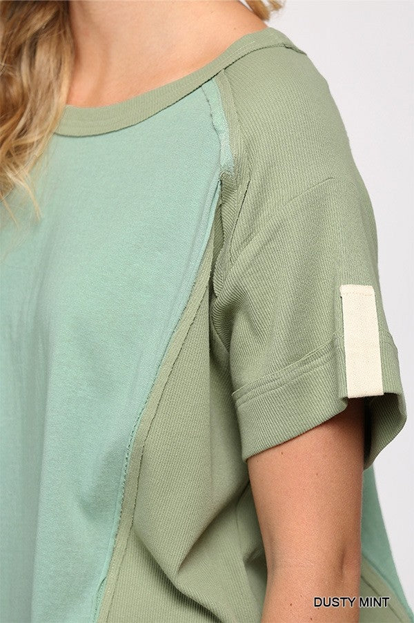 Ribbed And Solid Mixed Raw Edge Green Top Shirts & Tops jehouze