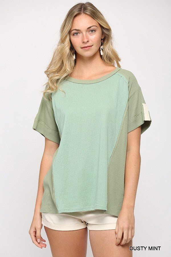 Ribbed And Solid Mixed Raw Edge Green Top Shirts & Tops jehouze
