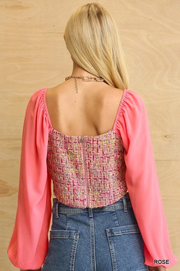 Rose Pink Tweed Bodice And Chiffon Square Neck Long Puff Sleeve Slim Fit Crop Top Blouse jehouze