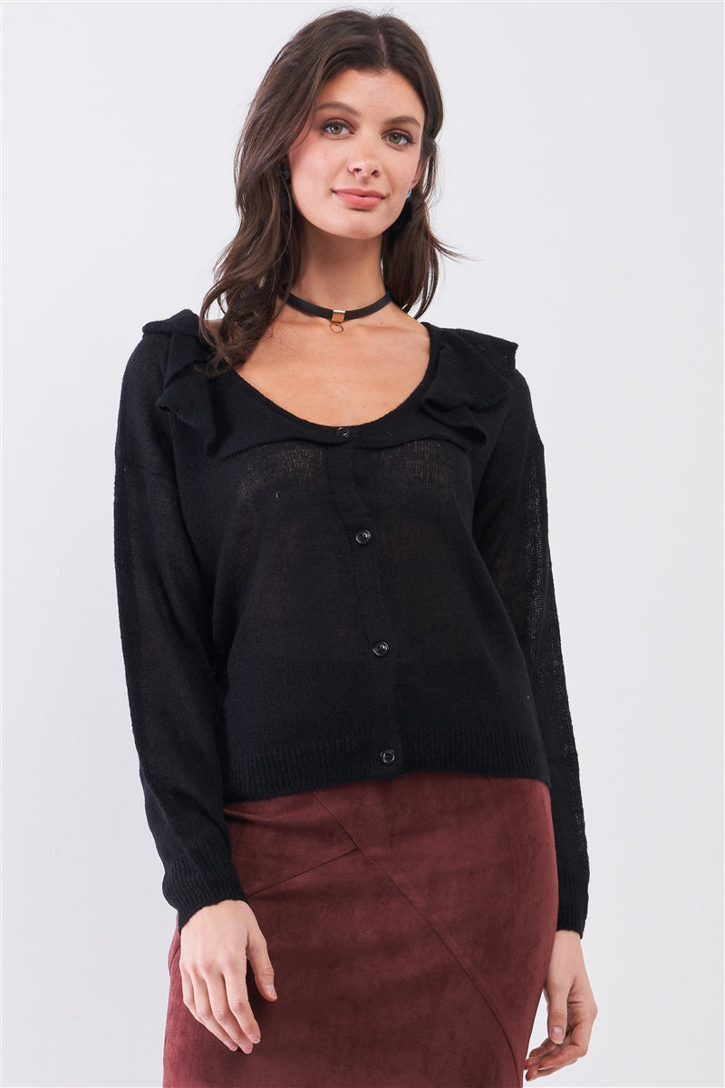 Round Neck Bertha Collar Button-front Cardigan Shirts & Tops jehouze