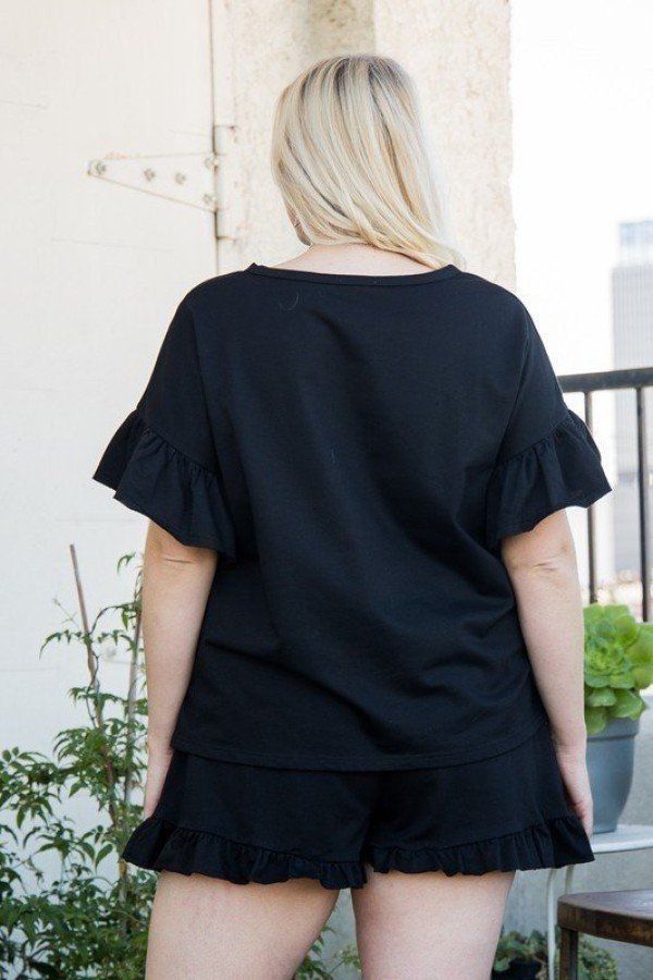 Round Neck Ruffle Sleeve Side Slit French Terry Top Shirts & Tops jehouze