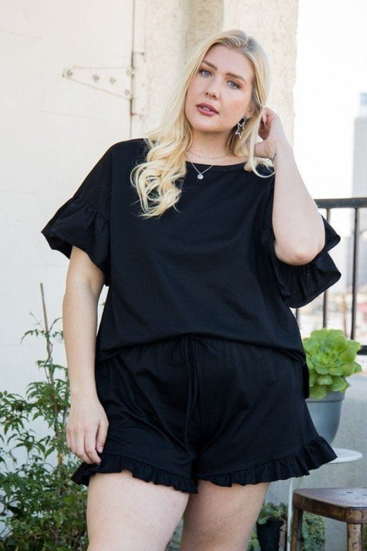 Round Neck Ruffle Sleeve Side Slit French Terry Top Shirts & Tops jehouze
