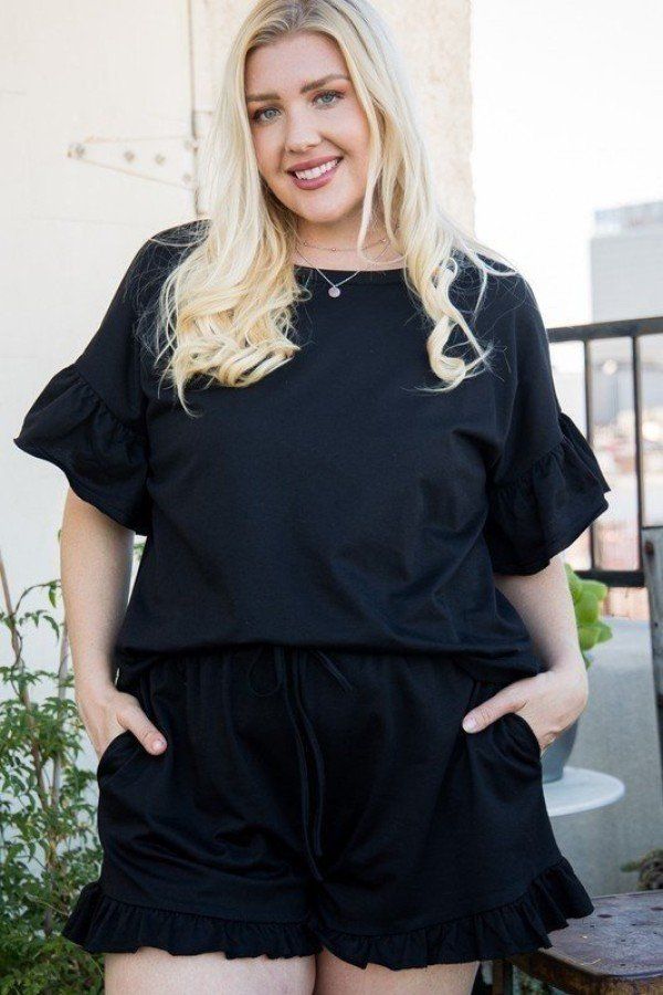 Round Neck Ruffle Sleeve Side Slit French Terry Top Shirts & Tops jehouze