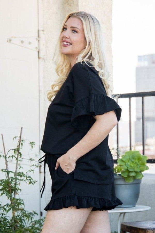 Round Neck Ruffle Sleeve Side Slit French Terry Top Shirts & Tops jehouze