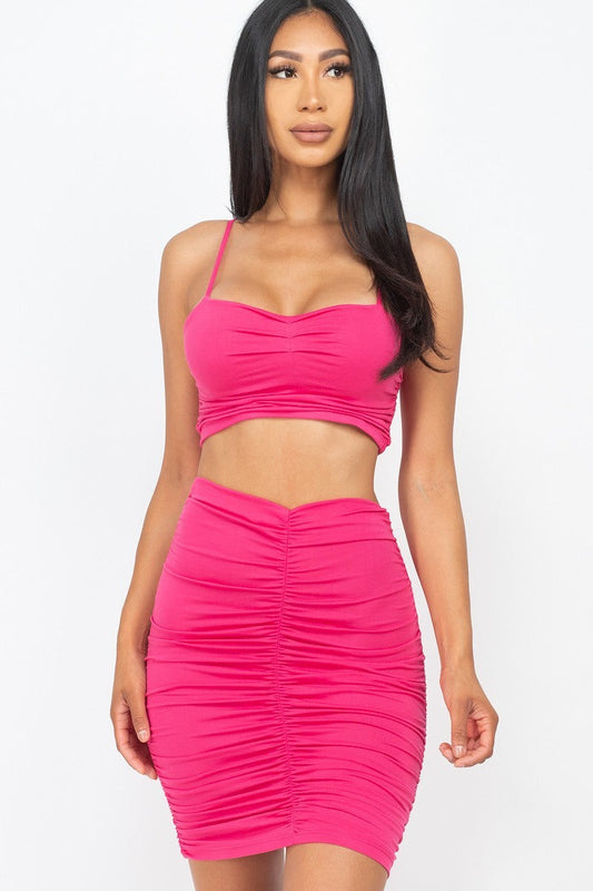 Ruched Fuchsia Bodycon Crop Top And Skirt Sets Matching Sets jehouze 