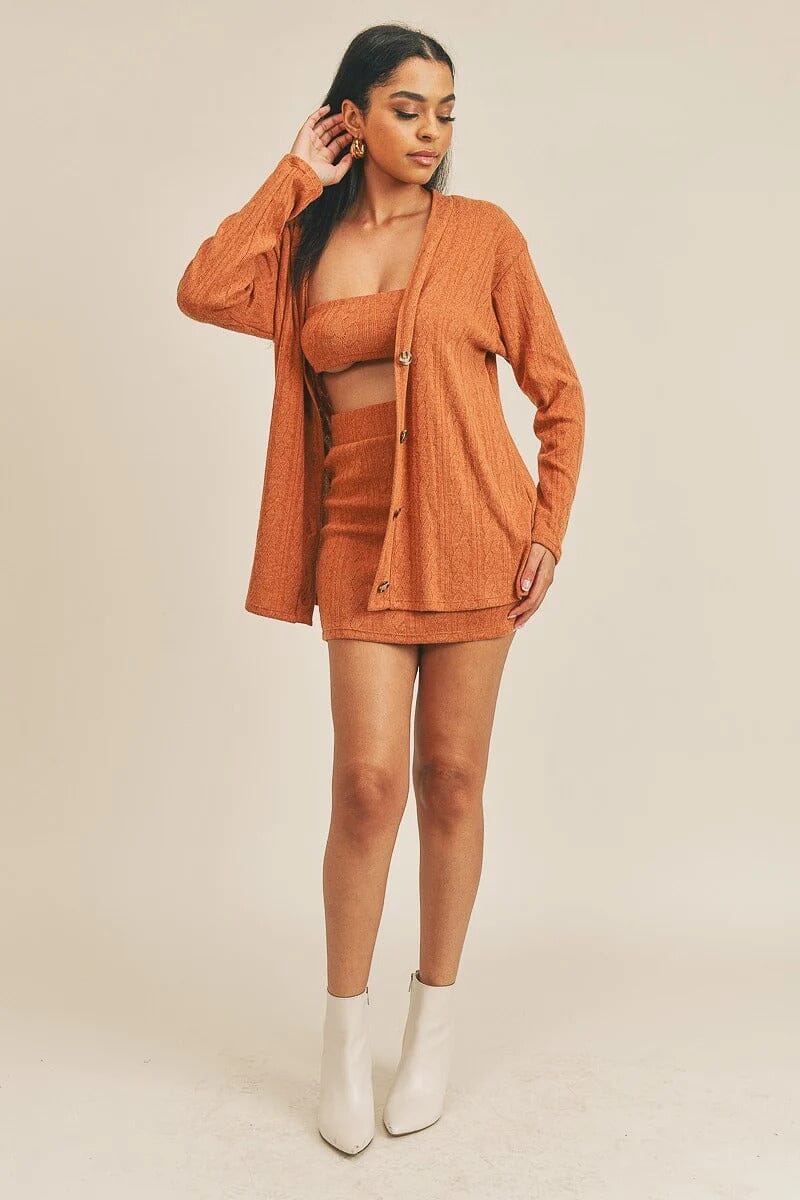 Rust Brown 3 Piece Tube Top Mini Skirt with Cardigan Sets Matching Sets jehouze