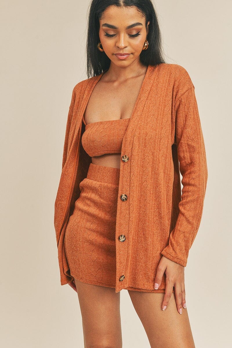 Rust Brown 3 Piece Tube Top Mini Skirt with Cardigan Sets Matching Sets jehouze