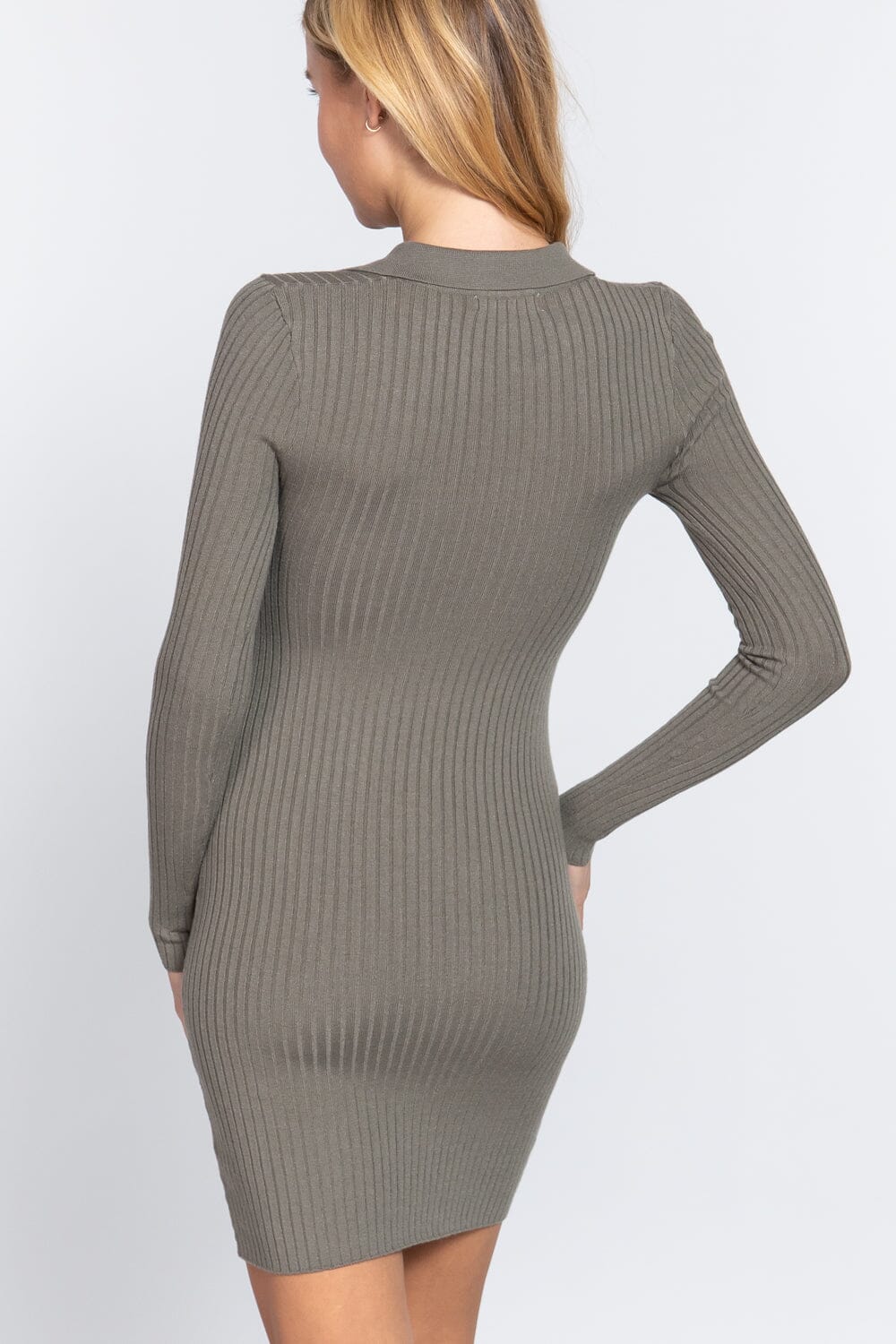 Sage Green Long Sleeve V Neck Collar Sweater rib bodycon mini dress Dresses jehouze