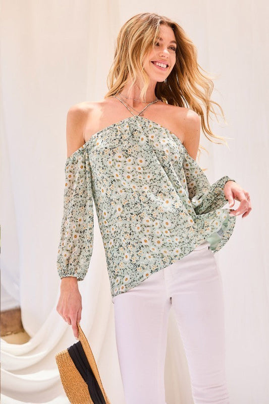 Sea Foam Blue Strap Halter Neck Long Puff Sleeve Floral Top Shirts & Tops jehouze