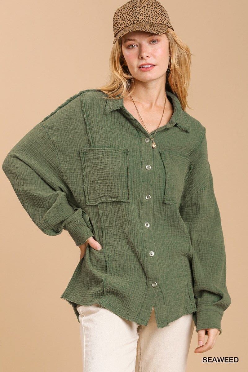 Seaweed Green Mineral wash button down top with high low hem jehouze