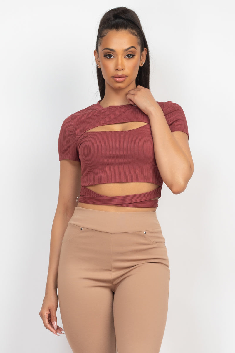Self-tie Ribbon Front Cutout Crop Dark Red Top Shirts & Tops jehouze