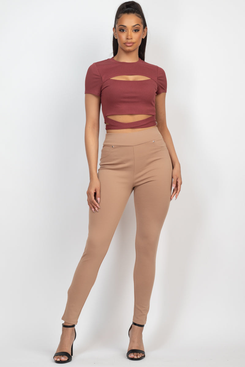Self-tie Ribbon Front Cutout Crop Dark Red Top Shirts & Tops jehouze