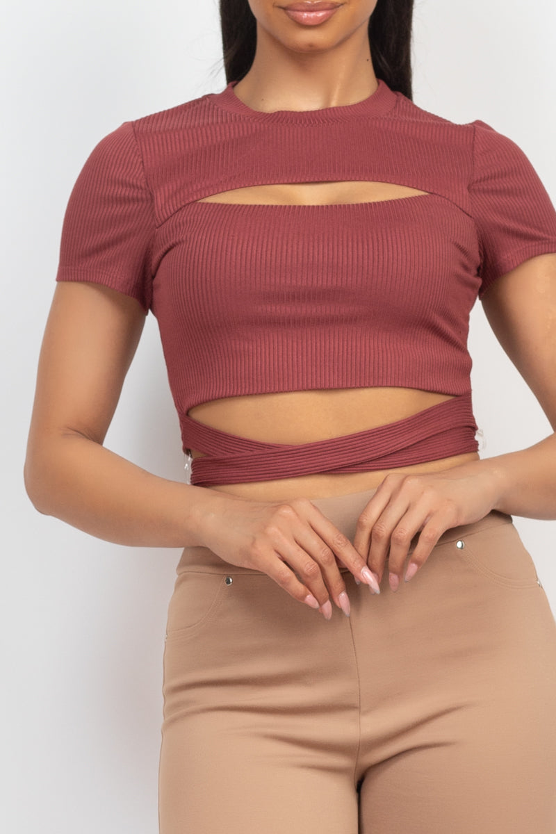 Self-tie Ribbon Front Cutout Crop Dark Red Top Shirts & Tops jehouze