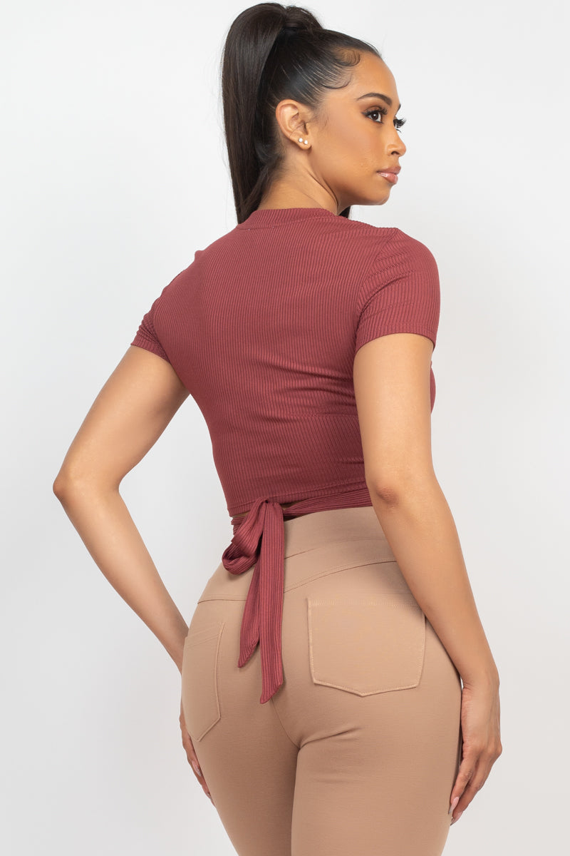 Self-tie Ribbon Front Cutout Crop Dark Red Top Shirts & Tops jehouze