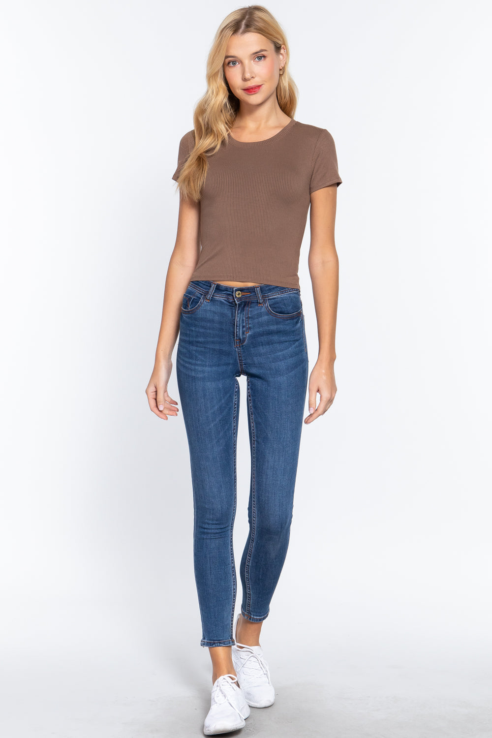 Slit Brown Short Sleeve Crew Neck Rib Crop Top Shirts & Tops jehouze