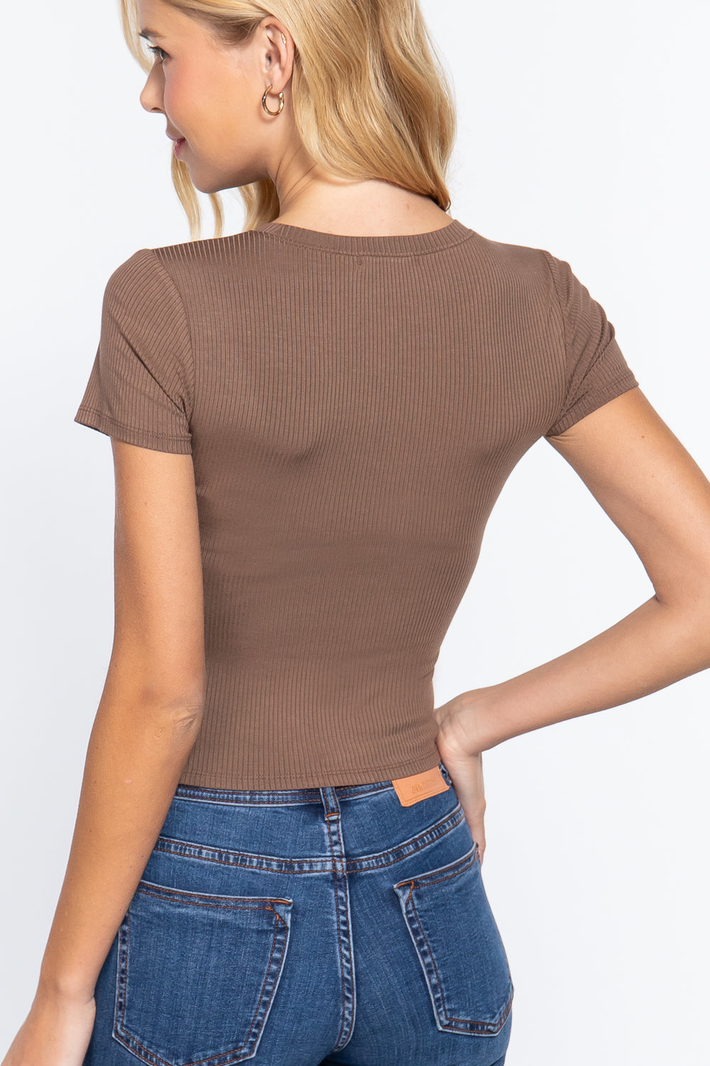 Slit Brown Short Sleeve Crew Neck Rib Crop Top Shirts & Tops jehouze
