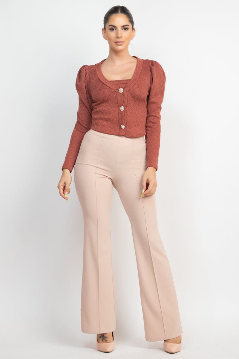 Smocky Mauve Brown Geometric Cami Puff Sleeves Button Front Blazer Top Set jehouze
