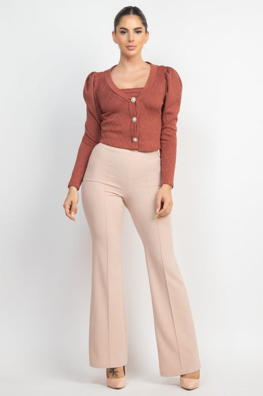 Smocky Mauve Brown Geometric Cami Puff Sleeves Button Front Blazer Top Set jehouze