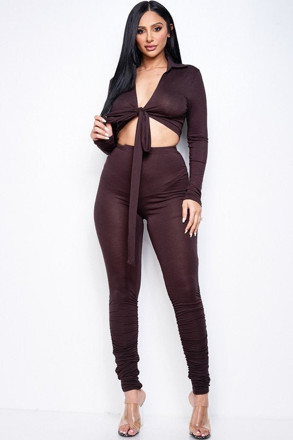Solid Heavy Rayon Spandex Collared Tie Front Top And Ruched Pants Two Piece Set jehouze