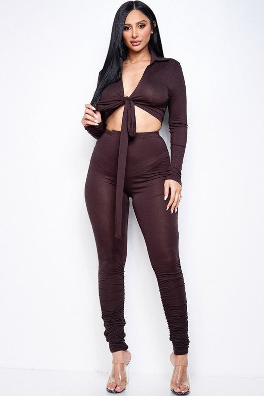 Solid Heavy Rayon Spandex Collared Tie Front Top And Ruched Pants Two Piece Set jehouze