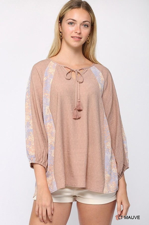 Solid Light Mauve Crinkle And Print Mix Raglan Sleeve Top With Tassel Tie Shirts & Tops jehouze
