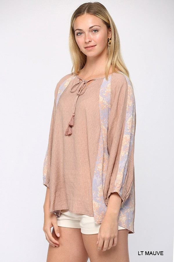 Solid Light Mauve Crinkle And Print Mix Raglan Sleeve Top With Tassel Tie Shirts & Tops jehouze