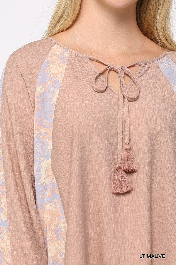 Solid Light Mauve Crinkle And Print Mix Raglan Sleeve Top With Tassel Tie Shirts & Tops jehouze