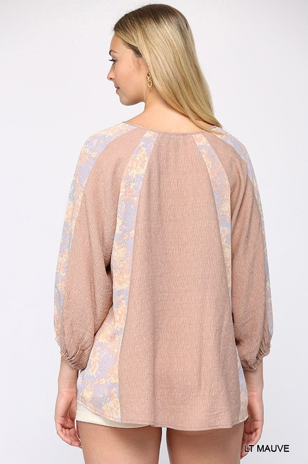 Solid Light Mauve Crinkle And Print Mix Raglan Sleeve Top With Tassel Tie Shirts & Tops jehouze