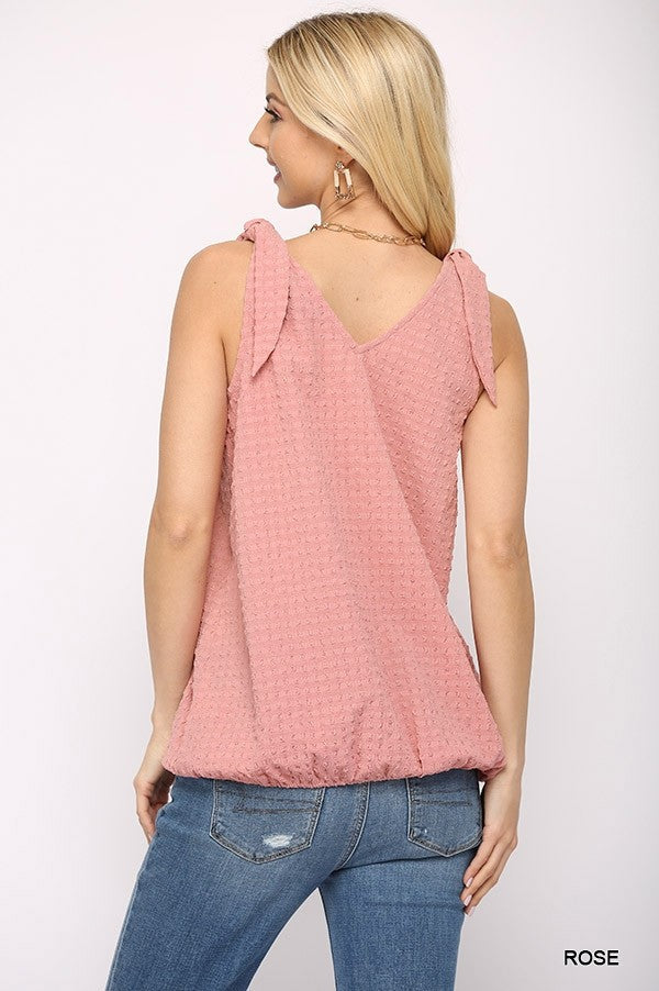Solid Textured And Sleeveless Surplice Pink Top With Shoulder Tie Shirts & Tops jehouze