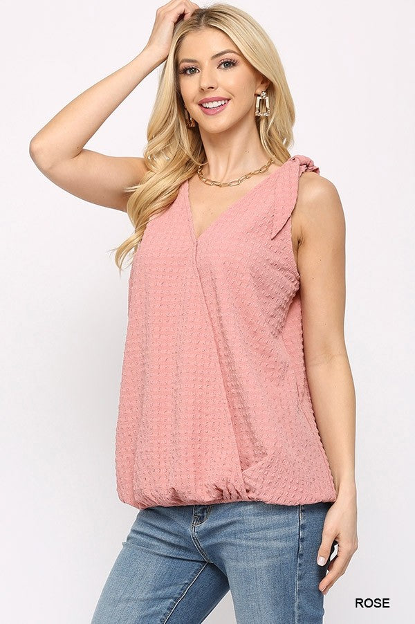 Solid Textured And Sleeveless Surplice Pink Top With Shoulder Tie Shirts & Tops jehouze
