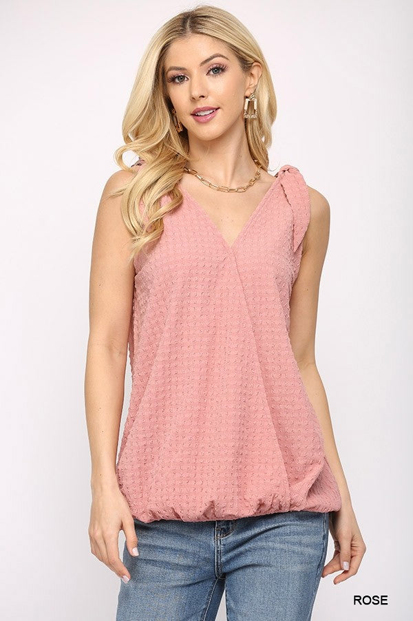 Solid Textured And Sleeveless Surplice Pink Top With Shoulder Tie Shirts & Tops jehouze