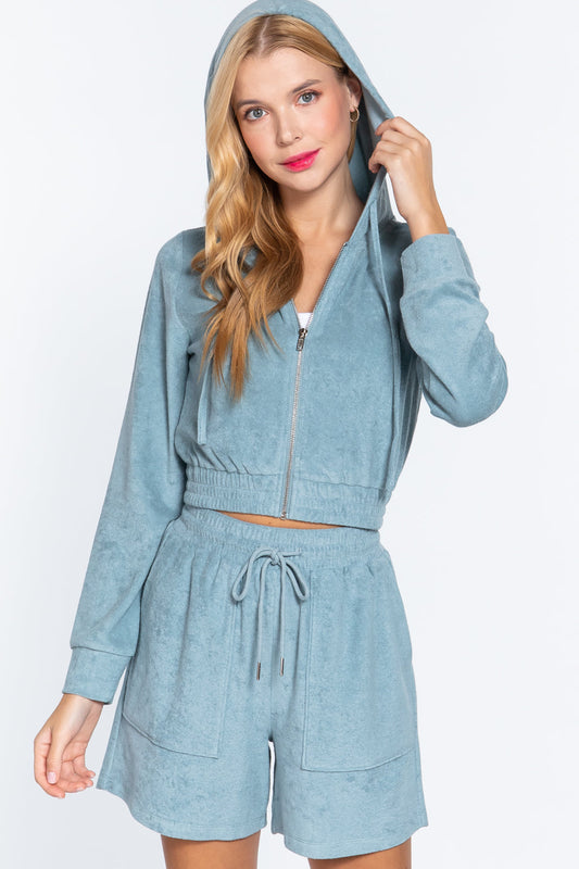 Stone Blue Zip Up Crop Hoodie Terry Towelling Jacket Coats & Jackets jehouze