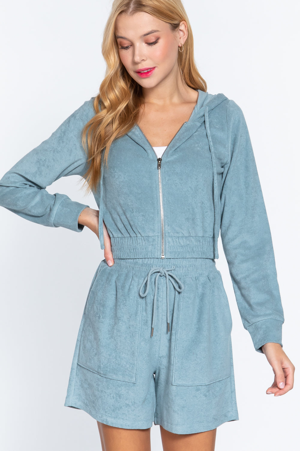 Stone Blue Zip Up Crop Hoodie Terry Towelling Jacket Coats & Jackets jehouze