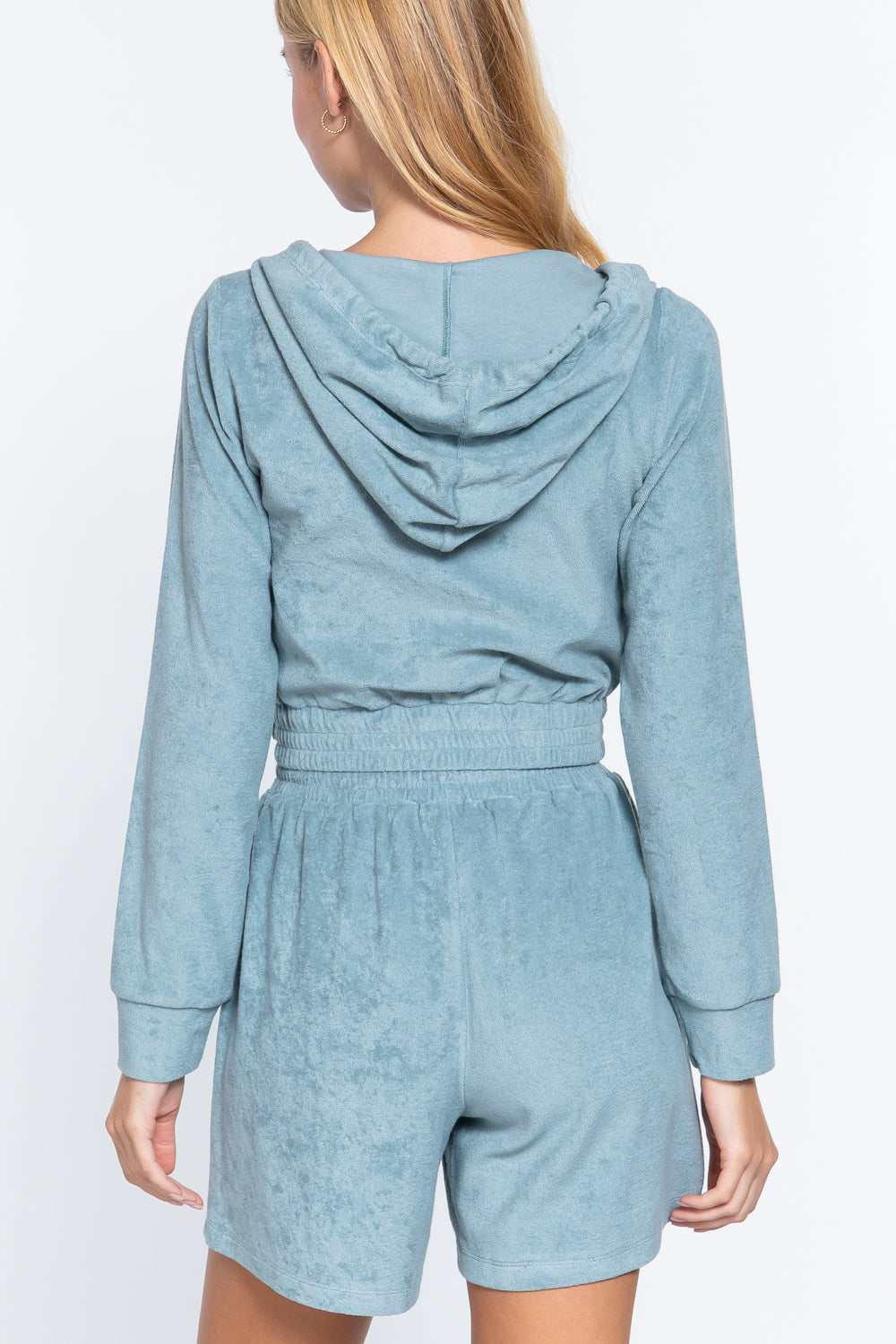Stone Blue Zip Up Crop Hoodie Terry Towelling Jacket Coats & Jackets jehouze