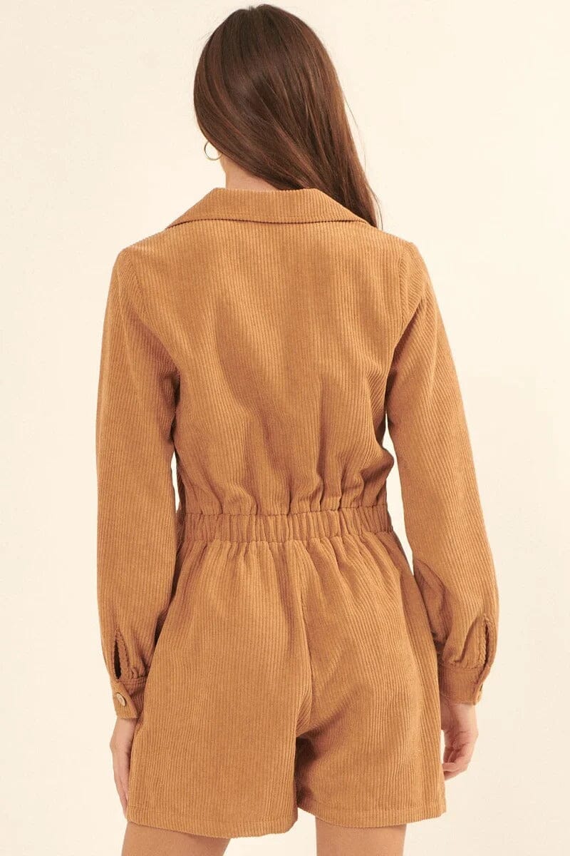 Taupe Woven Corduroy Lapel Collar Elastic Waist Long Sleeves Side Pocket Relaxed Fit Romper jehouze