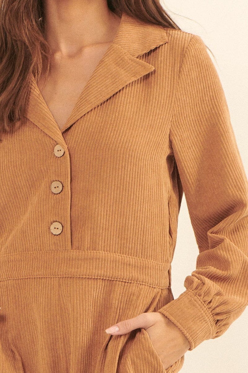 Taupe Woven Corduroy Lapel Collar Elastic Waist Long Sleeves Side Pocket Relaxed Fit Romper jehouze