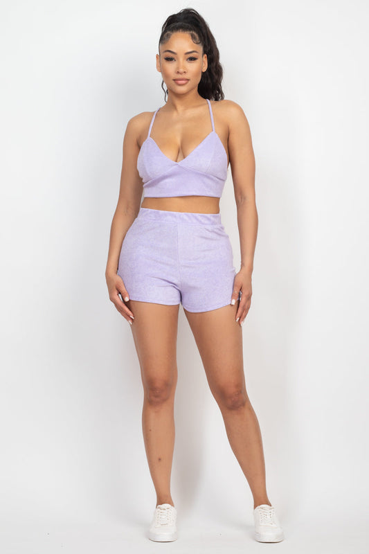 Terry Towel Lavender Bralette Top & Mini Shorts Set Matching Sets jehouze 