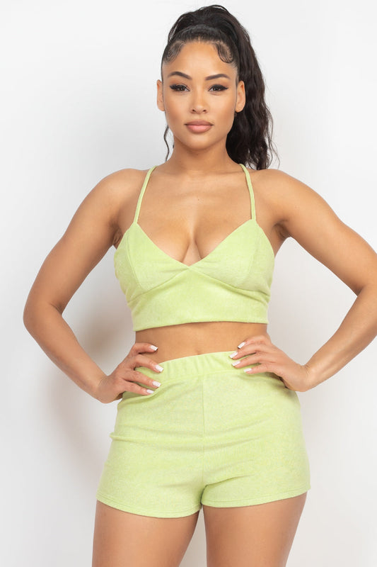 Terry Towel Lime Bralette Top & Mini Shorts Set Matching Sets jehouze