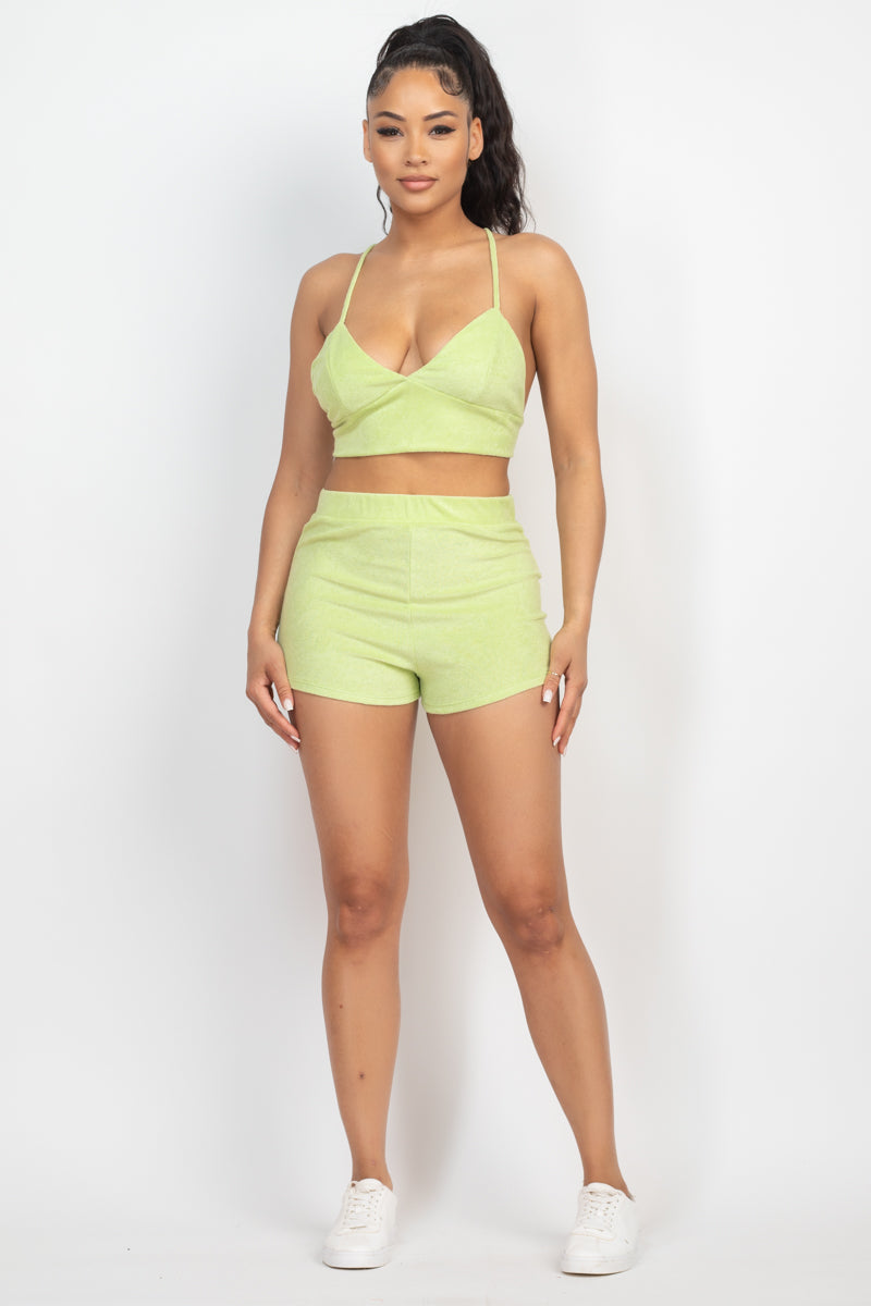 Terry Towel Lime Bralette Top & Mini Shorts Set Matching Sets jehouze