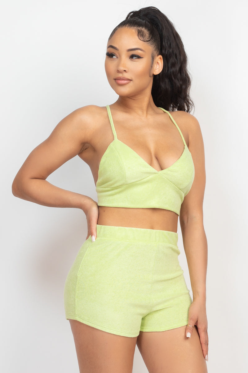 Terry Towel Lime Bralette Top & Mini Shorts Set Matching Sets jehouze