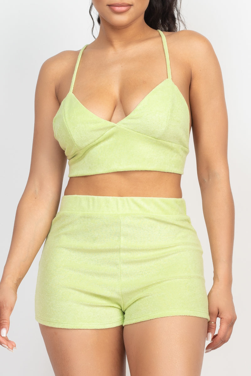 Terry Towel Lime Bralette Top & Mini Shorts Set Matching Sets jehouze