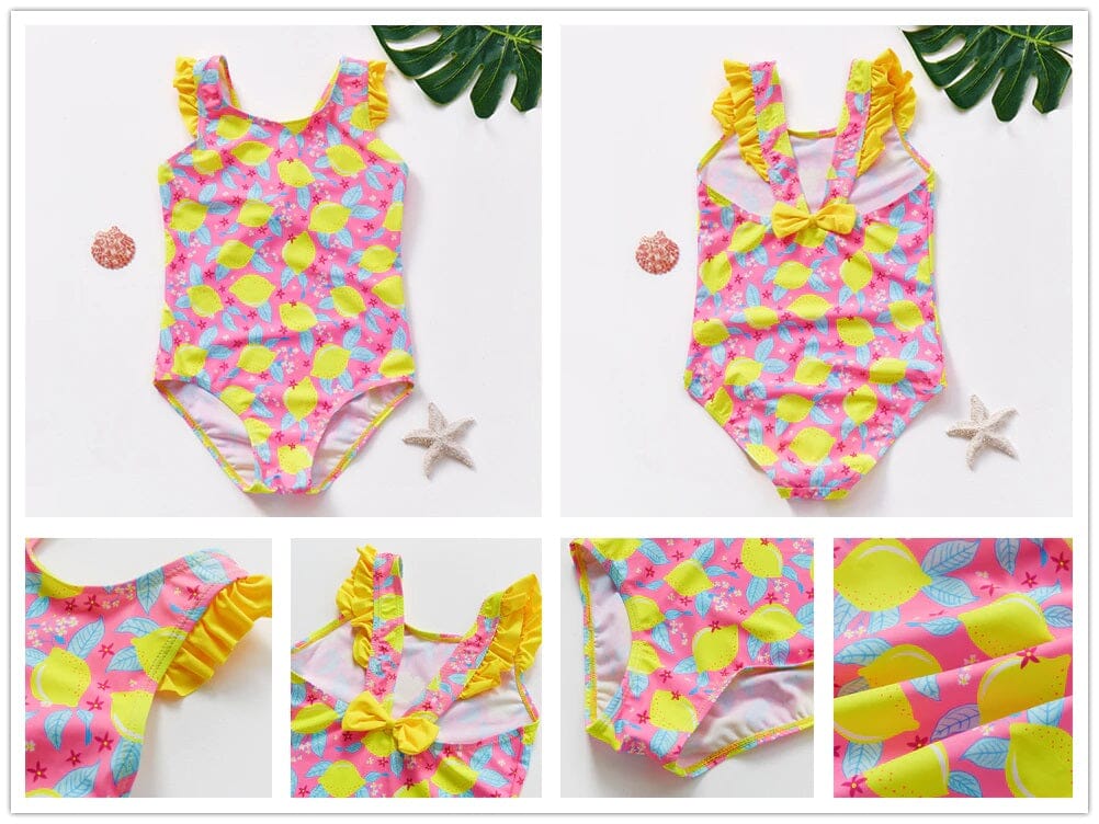 Toddler Girl One Piece Swimsuit Elegant Sunsuit Ruffled Swimwear Bathing Suits Kid's swimwear jehouze Pink Lemon 3-4 yrs 