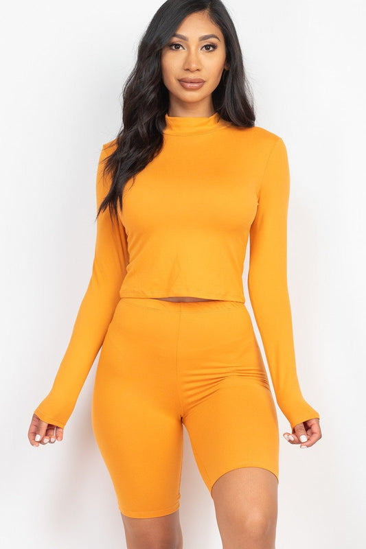 Tomato Cream Yellow 2pcs Mock Neck Long Sleeve Top & Biker Shorts Activewear Set jehouze