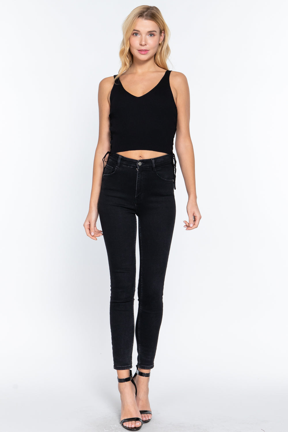 V-neck Side Ruched Sweater Black Top Shirts & Tops jehouze