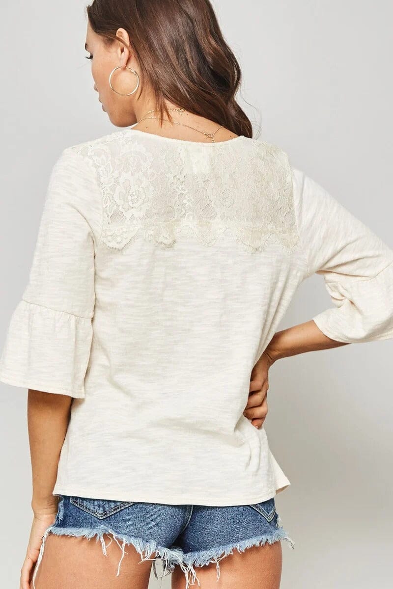 Vanilla White Floral Lace Shoulder 3/4 ruffle sleeves Knit Top Shirts & Tops jehouze