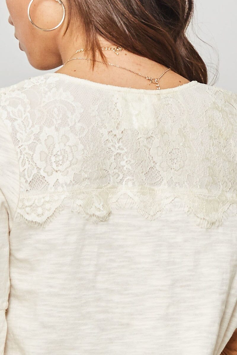 Vanilla White Floral Lace Shoulder 3/4 ruffle sleeves Knit Top Shirts & Tops jehouze