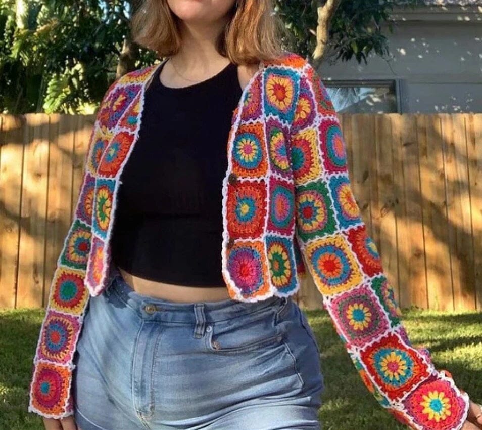 Women Bohemia Colored Vintage Hand Crochet Long Sleeve Button Down Knitwear Jumper Crop Cardigan Coats & Jackets jehouze 