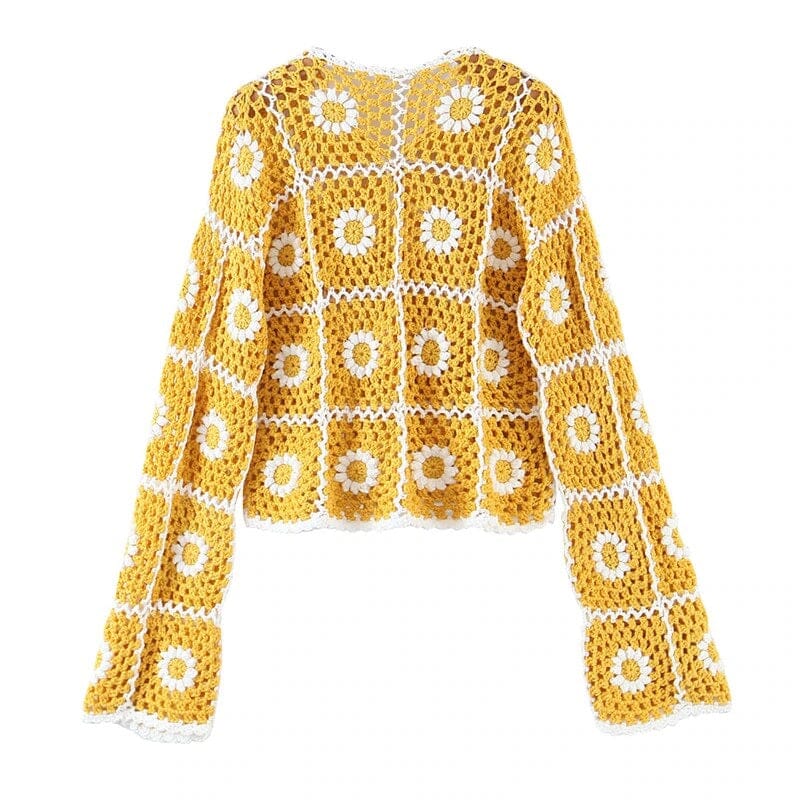 Women Bohemia Colored Vintage Hand Crochet Long Sleeve Button Down Knitwear Jumper Crop Cardigan Coats & Jackets jehouze 