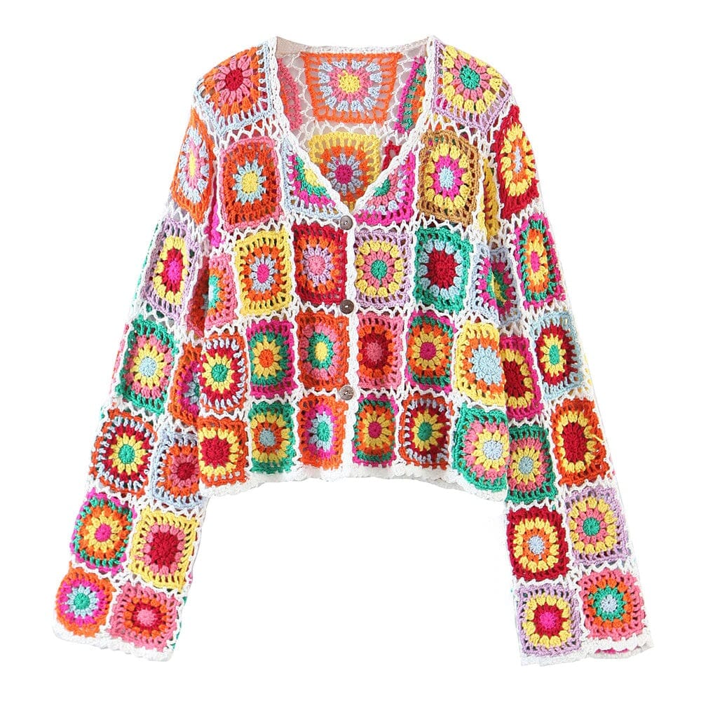 Women Bohemia Colored Vintage Hand Crochet Long Sleeve Button Down Knitwear Jumper Crop Cardigan Coats & Jackets jehouze Multi 
